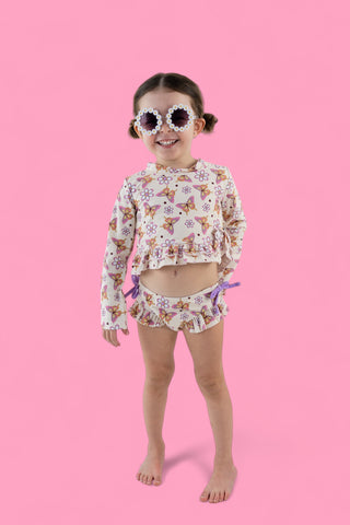 BLOSSOMIN’ BUTTERFLY DREAM 2-PIECE RASH GUARD RUFFLE SWIM SUIT