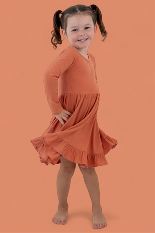 RUST LONG SLEEVE DREAM RUFFLE DRESS