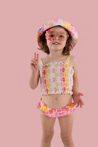 SUMMER SUNSET CHECKERS DREAM SMOCKED TANKINI TWO PIECE SWIM SUIT