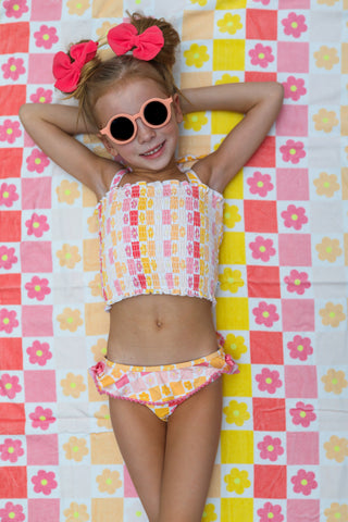 SUMMER SUNSET CHECKERS DREAM SMOCKED TANKINI TWO PIECE SWIM SUIT