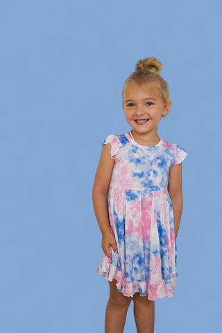COTTON CANDY TIE DYE CAP SLEEVE DREAM RUFFLE DRESS