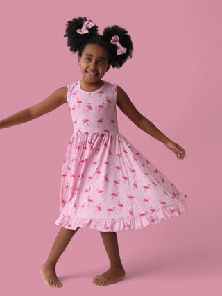 FLOCKING FLAMINGOS SLEEVELESS DREAM RUFFLE DRESS