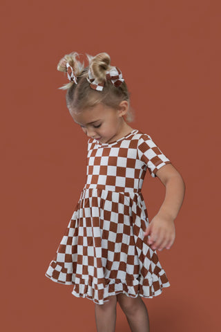 COPPER CHECKERS DREAM RUFFLE DRESS