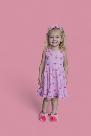 FLOCKING FLAMINGOS SLEEVELESS DREAM RUFFLE DRESS