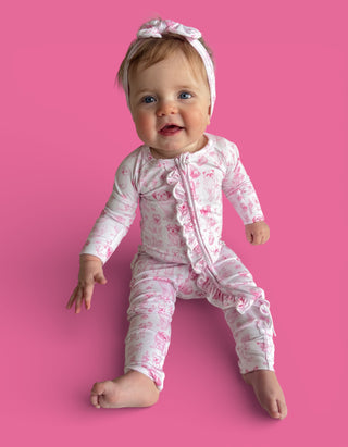 PINK PUPPY TOILE DREAM RUFFLE ROMPER
