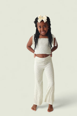 SAGE WAVY CHECKERS DREAM SMOCKED FLARE SET