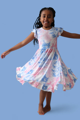 COTTON CANDY TIE DYE CAP SLEEVE DREAM RUFFLE DRESS