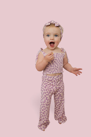 PLUM WAVY CHECKERS DREAM SMOCKED FLARE SET