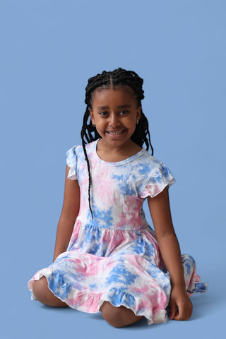 COTTON CANDY TIE DYE CAP SLEEVE DREAM RUFFLE DRESS