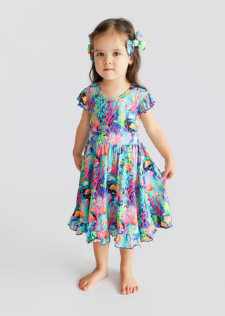 OCEAN GLOW CAP SLEEVE DREAM RUFFLE DRESS