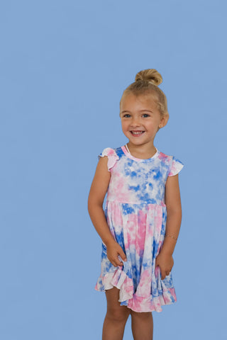 COTTON CANDY TIE DYE CAP SLEEVE DREAM RUFFLE DRESS