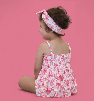 BOW CHECKERED CHARM DREAM SMOCKED TIERED BODYSUIT DRESS