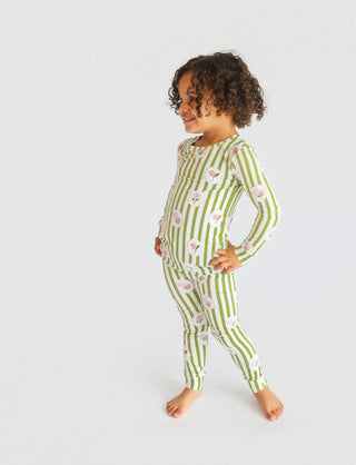 Child's two-piece pajama set with green vertical stripes and pink floral pattern throughout.