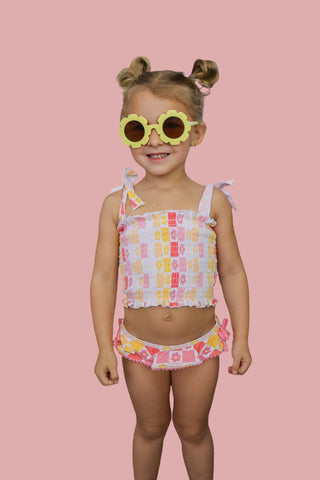 SUMMER SUNSET CHECKERS DREAM SMOCKED TANKINI TWO PIECE SWIM SUIT