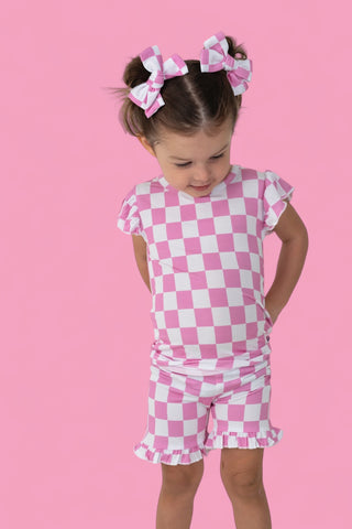 BUBBLEGUM CHECKERS DREAM RUFFLE SHORT SET