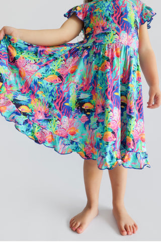 OCEAN GLOW CAP SLEEVE DREAM RUFFLE DRESS