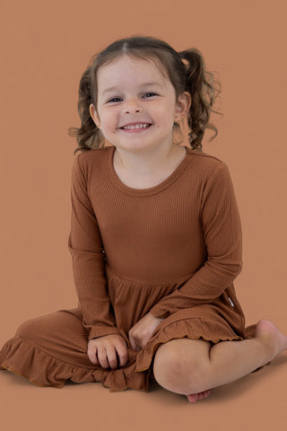 ESPRESSO LONG SLEEVE DREAM RUFFLE DRESS