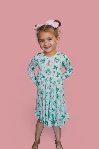 CLOVER BOWS LONG SLEEVE DREAM RUFFLE DRESS