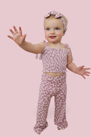 PLUM WAVY CHECKERS DREAM SMOCKED FLARE SET