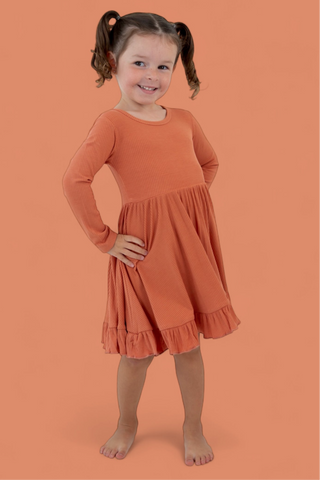 RUST LONG SLEEVE DREAM RUFFLE DRESS