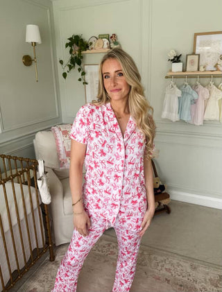 BOW CHECKERED CHARM SHORT SLEEVE WOMEN’S RELAXED FLARE DREAM SET