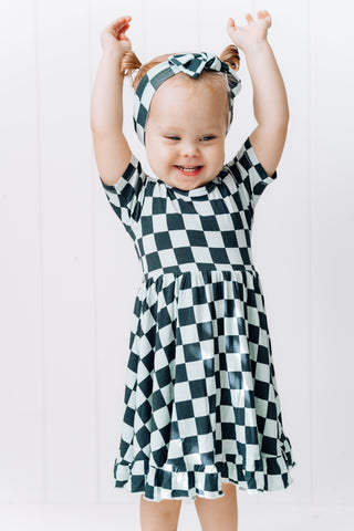 MIDNIGHT CHECKERS DREAM RUFFLE DRESS