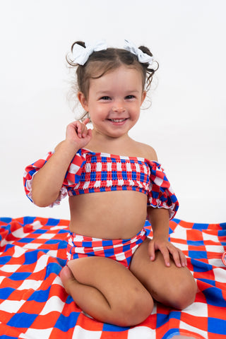 RED, WHITE & TRUMAN DREAM OFF THE SHOULDER SWIM SUIT