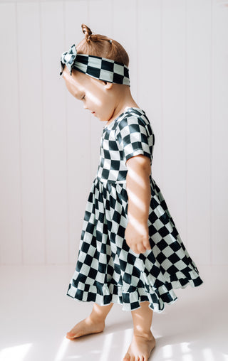 MIDNIGHT CHECKERS DREAM RUFFLE DRESS