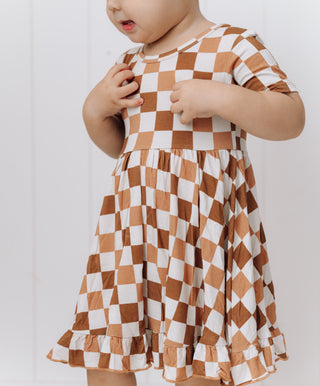 CHESTNUT CHECKERS DREAM RUFFLE DRESS