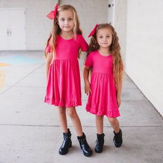 HOT PINK RIB DREAM RUFFLE DRESS