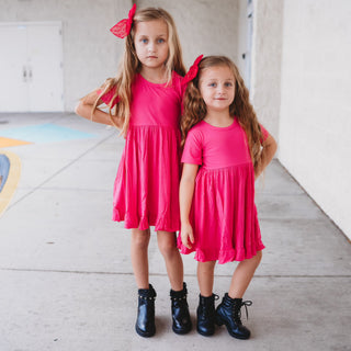 HOT PINK RIB DREAM RUFFLE DRESS