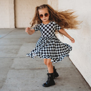 MIDNIGHT CHECKERS DREAM RUFFLE DRESS