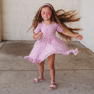 PLUM WAVY CHECKERS DREAM RUFFLE DRESS