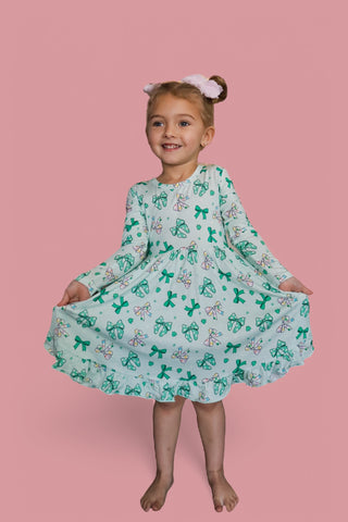 CLOVER BOWS LONG SLEEVE DREAM RUFFLE DRESS