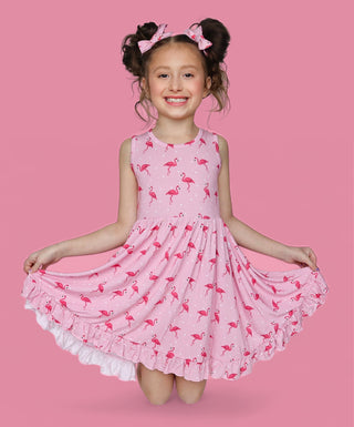 FLOCKING FLAMINGOS SLEEVELESS DREAM RUFFLE DRESS