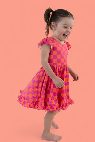 NEON DREAMS CHECKERS DREAM RUFFLE DRESS