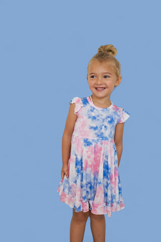 COTTON CANDY TIE DYE CAP SLEEVE DREAM RUFFLE DRESS