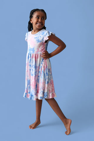COTTON CANDY TIE DYE CAP SLEEVE DREAM RUFFLE DRESS