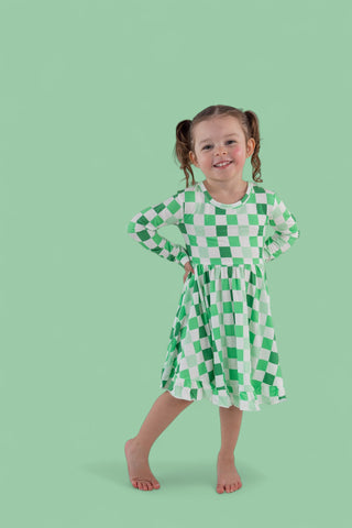 LUCKY CHECKERS LONG SLEEVE DREAM RUFFLE DRESS