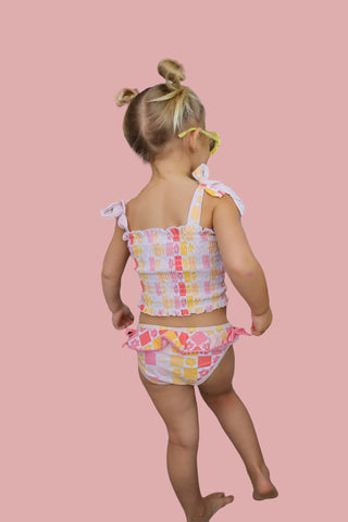 SUMMER SUNSET CHECKERS DREAM SMOCKED TANKINI TWO PIECE SWIM SUIT