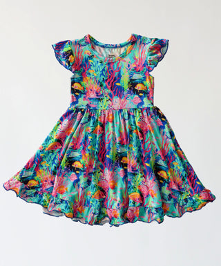 OCEAN GLOW CAP SLEEVE DREAM RUFFLE DRESS