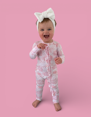 BLUSH BUNNY TOILE DREAM RUFFLE ROMPER