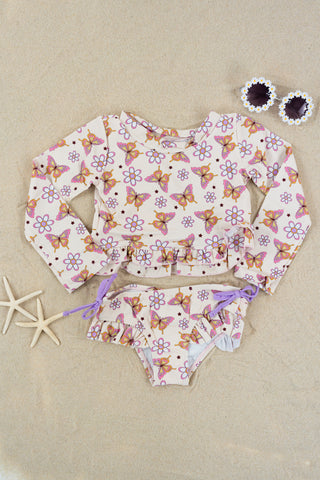 BLOSSOMIN’ BUTTERFLY DREAM 2-PIECE RASH GUARD RUFFLE SWIM SUIT