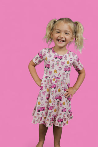 BLAZING BOWS AND HYDRANTS DREAM RUFFLE DRESS