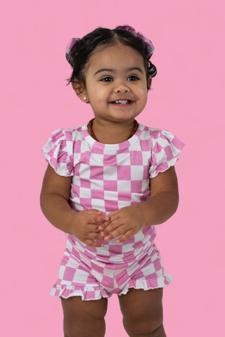 BUBBLEGUM CHECKERS DREAM RUFFLE SHORT SET