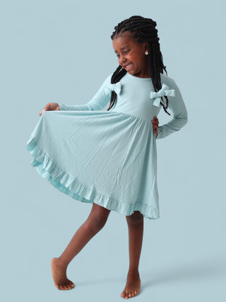 HAZY BLUE RIB DREAM RUFFLE DRESS