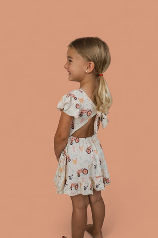 FARMYARD FRIENDS DREAM TIE BACK RUFFLE DRESS