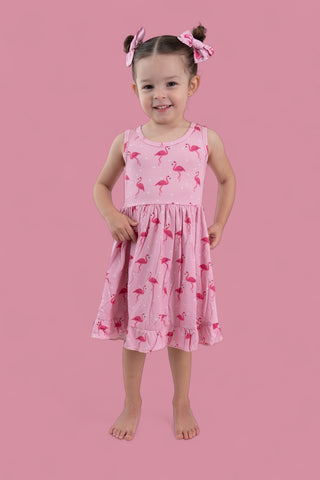 FLOCKING FLAMINGOS SLEEVELESS DREAM RUFFLE DRESS