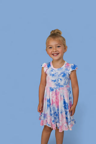 COTTON CANDY TIE DYE CAP SLEEVE DREAM RUFFLE DRESS