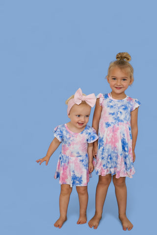 COTTON CANDY TIE DYE CAP SLEEVE DREAM RUFFLE DRESS